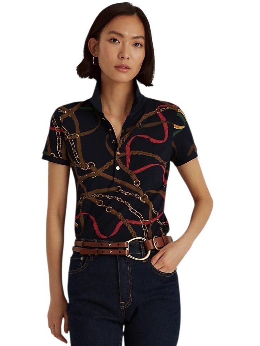 LRL Blue Multi Print Pique Polo Shirt XL Equestrian Print Coastal Cowgirl Luxury